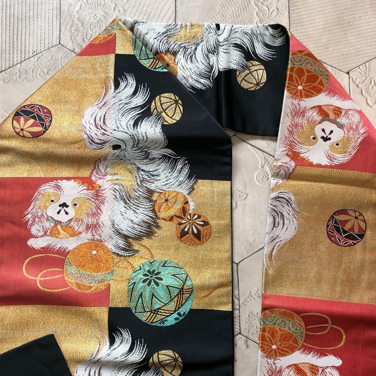 Amazon.co.jp: アンティーク 名古屋帯 犬 チン 鞠 金糸 着物